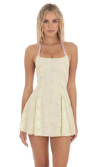 Halter Floral Embroidered Open Back Dress in Yellow
