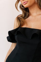 Ondine Bardot Neckline Fluted Hem Dress Black