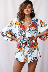 Rivera Tie-Knot Bell Sleeve Romper White