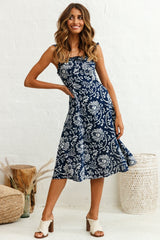 Magdalene Frill Strap A-Line Midi Dress Floral Print Navy