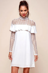 Mendes Lace Detailed High Neck Long Sleeved Dress White