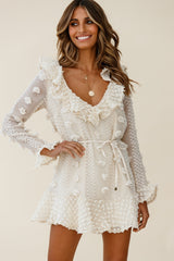 Georgie Long Sleeve Frill Neckline Embellished Chiffon Dress Beige