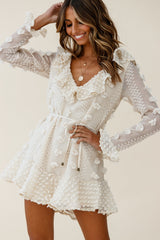 Georgie Long Sleeve Frill Neckline Embellished Chiffon Dress Beige