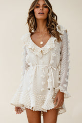 Georgie Long Sleeve Frill Neckline Embellished Chiffon Dress Beige