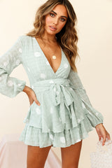 Maddox Fit & Flare Long Sleeve Romper Polka Dot Print Green