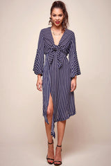 Jaedyn Waist Tie Bell Sleeve Dress Navy