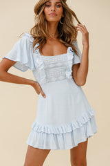 Say You Love Me Embroidery and Frill Detail Dress Steel Blue