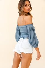 Avaline Balloon Sleeve Ruched Bust Bardot Top Midnight Blue