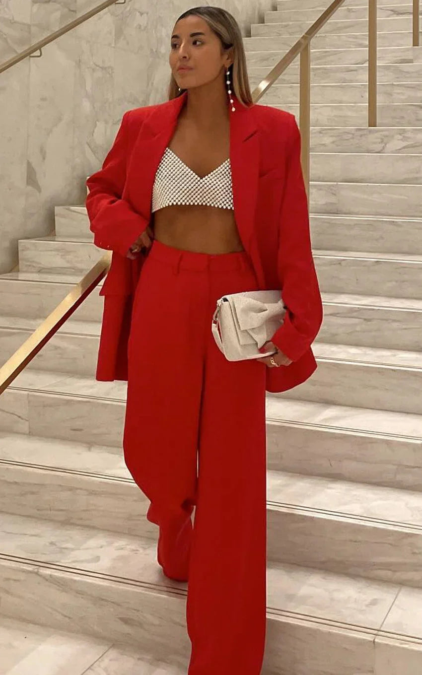 Michelle Blazer - Oversized Plunge Neck Button Up Blazer in Red
