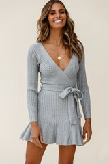 Tarry Long Sleeve Fluted Hem Knit Dress Grey