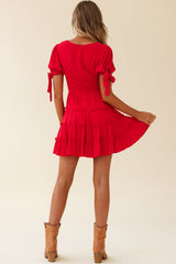 Jocelyn Short Sleeve Tied Cuff Layered Ruffle Dress Red