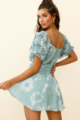 Rosa Short Sleeve Frill Accent Dress Floral Print Sage
