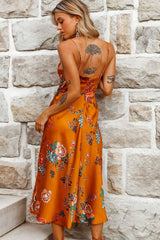 Suki Front Split Midi Dress Oriental Floral Print Mustard