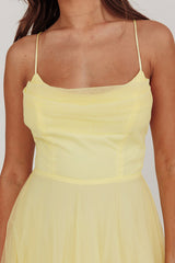 Floating By Pleated Neckline Mesh Midi Dress Yellow