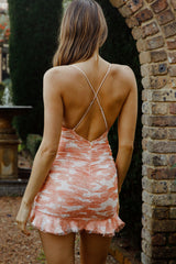 Harriet Mesh Overlay Ruched Mini Dress Leaf Print Orange