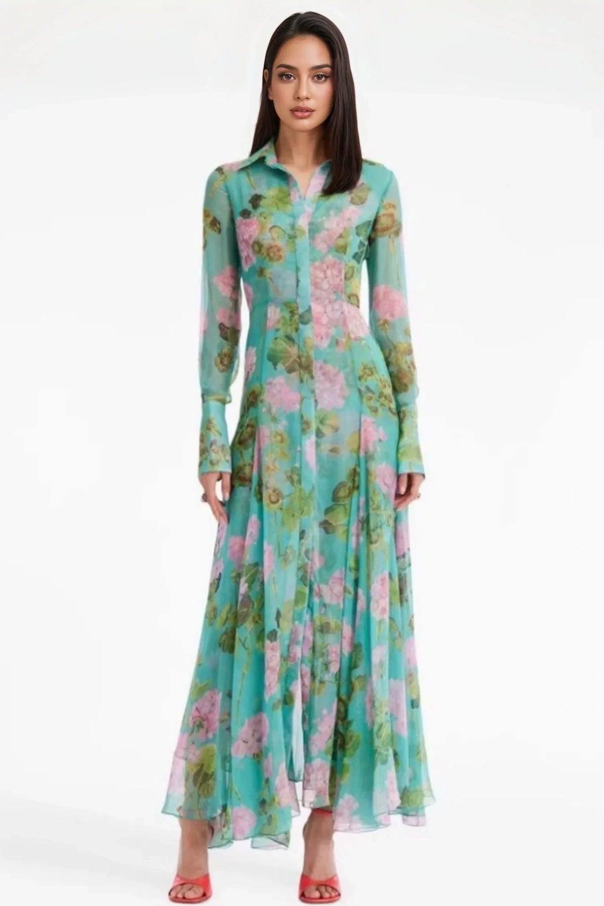 Vira Green Printed Single Breasted Maxi Dress