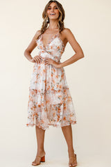 Laney Low Back Cami Strap Midi Dress Hibiscus Print Nude