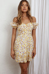 Linka Off-Shoulder Tie Back Dress Animal Print Yellow