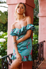 Bobby Bardot Neckline Puff Sleeve Dress Flower Spring Print Sage