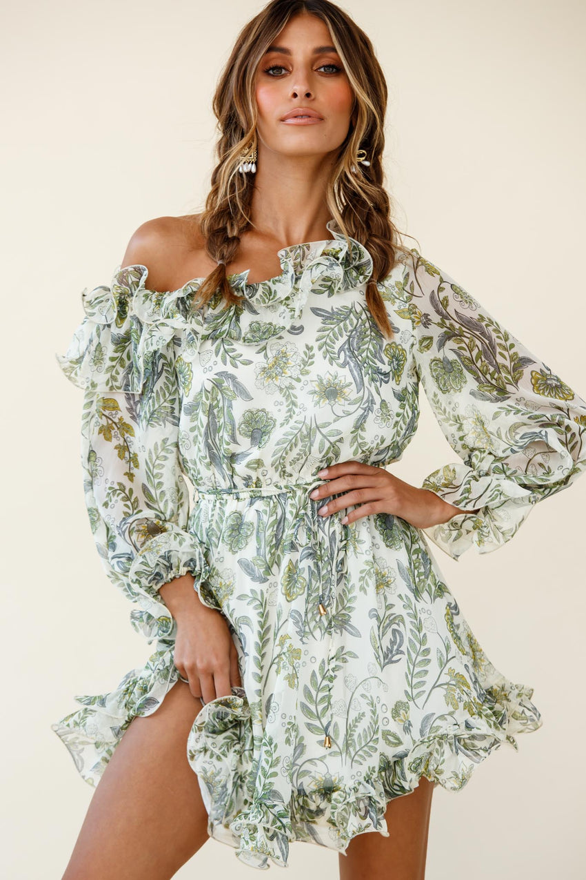 Rhiannon Off-Shoulder Lettuce Frill Dress Floral Print White