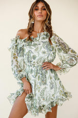 Rhiannon Off-Shoulder Lettuce Frill Dress Floral Print White