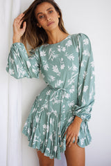 Rosabel Balloon Sleeve Fluted Hem Dress Botanic Print Sage