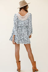 Turn Back Time Long Sleeve Crochet Neckline Dress Animal Print White/Black