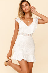 Short Story Ruffle Strap Criss-Cross Back Dress Floral Lace White