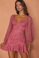Halley Balloon Sleeve Frill Bust Flounce Hem Lace Dress Rose
