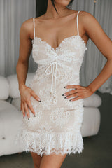St Tropez Cami Strap Frill Hem Lace Mini Dress White