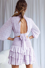 Whisked Away Balloon Sleeve Open Back Crop Top Floral Print Lilac