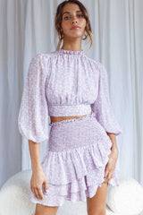Whisked Away Balloon Sleeve Open Back Crop Top Floral Print Lilac