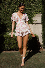 Golden Light Pintuck Pleat Romper Floral White
