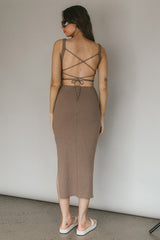 Dream Crush Lace-Up Back Side Split Midi Dress Khaki