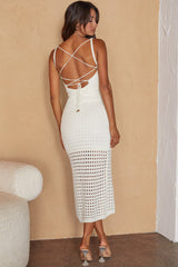 Fleur Crochet Overlay Strappy Back Midi Dress White