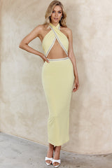 Vanna Diamante Trim Halterneck Dress Lemon