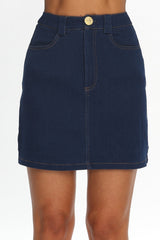 Over It Short Gold Button Mini Skirt Denim