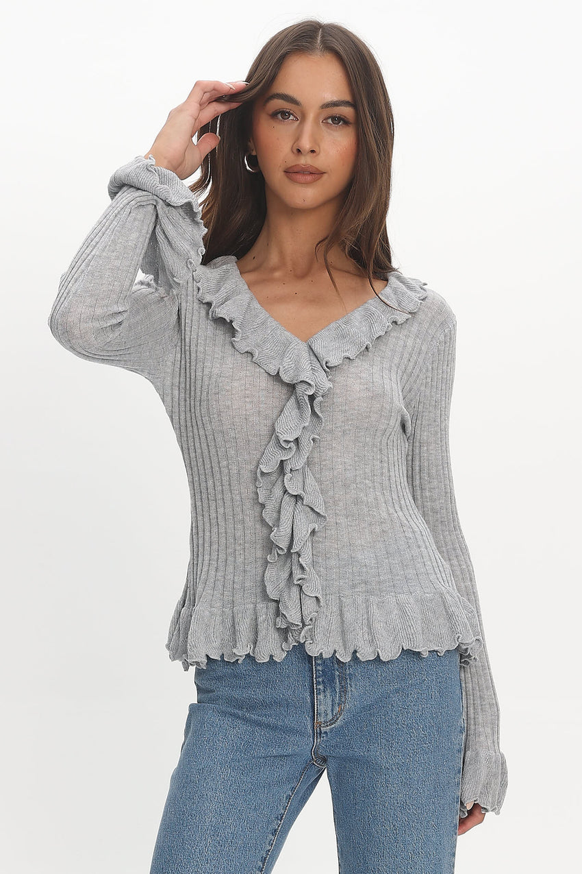 Jaimy Ruffle Trim Knit Cardigan Grey