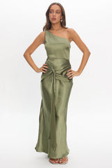 Luli One-Shoulder Waist Sash Maxi Dress Olive