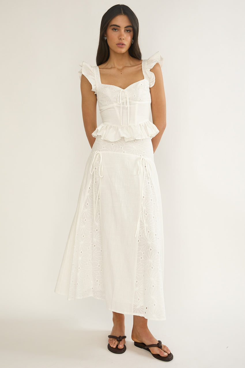 Danette String Tie Embroidery Maxi Skirt White