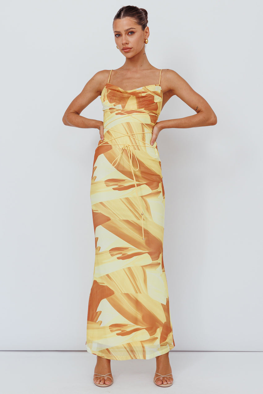 Teava Laced Waist Maxi Dress Abstract Yellow