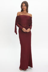 Marlowe Off-Shoulder Sheer Waist Maxi Dress Wine