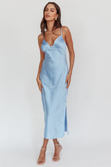Felicity Pleat Bust Split Midi Dress Blue
