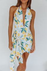 Euro Trip Halter Wrap Mini Dress Lemon