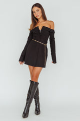 Tamra Long Sleeve Off-Shoulder Zip Dress Black