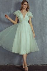 Leap Of Faith Frill Shoulder Tulle Midi Dress Pistachio