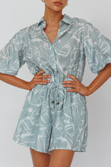 Tiki Puff Sleeve Drawstring Romper Print Sage