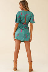 Stealing Hearts Flutter Sleeve Wrap Front Dress Floral Print Olive
