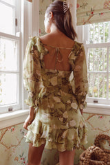 Desiree 3/4 Sleeve Sweetheart Neckline Frill Dress Floral Green