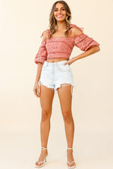 Shironda Off-Shoulder Puff Sleeve Tied-Strap Crop Top Rose